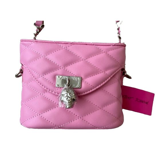 Betsey Johnson XOVIOLA Viola Skull Crossbody Purse Quilt Bag Skull Pink - Picture 2 of 4